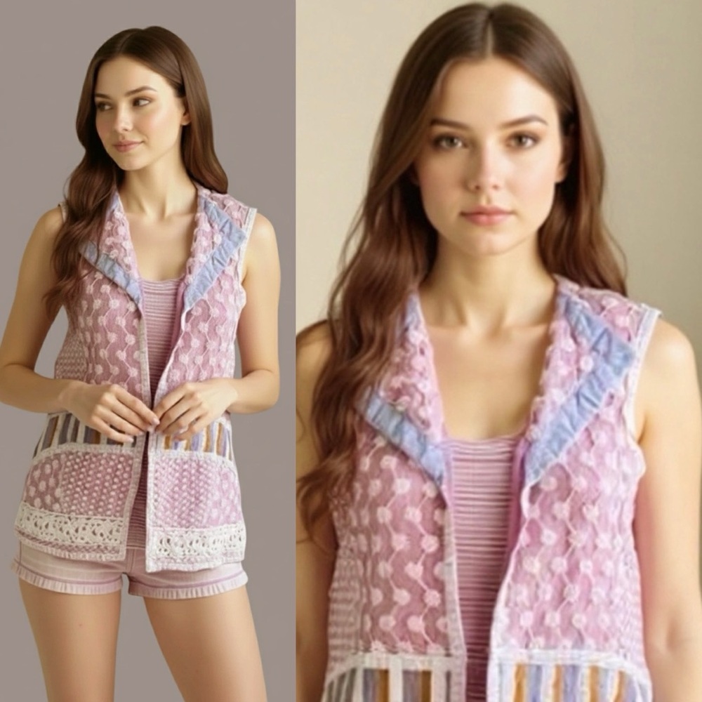 Bohemian Embroidered Pastel Pink Beaded Floral Sequin Patchwork Fairycore Vest